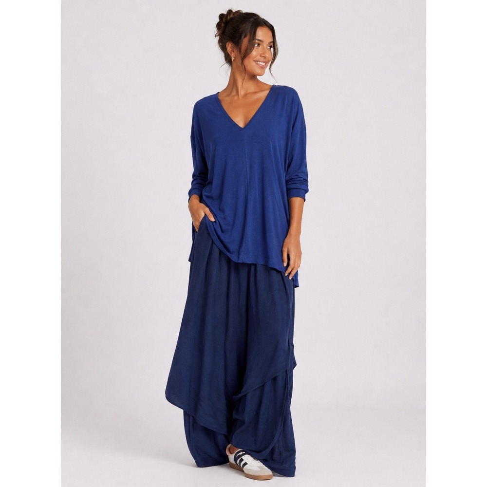Bryn Walker Blue Lagenlook Minimalist V-Neck 3/4 Sleeve Tunic Top USA XS